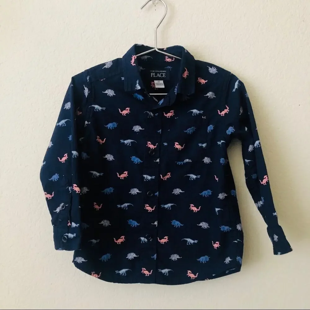 The Children’s Place dinosaur print long sleeve button down shirt navy blue